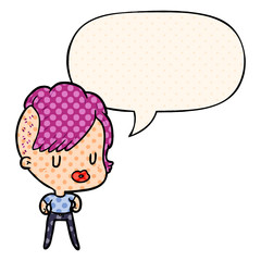 cartoon girl and punk hipster haircut and speech bubble in comic book style