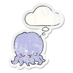 cartoon jellyfish and thought bubble as a distressed worn sticker
