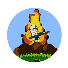 Soldier Shooting with Bazooka - Cute Army Man Cartoon Soldier Vector Illustration