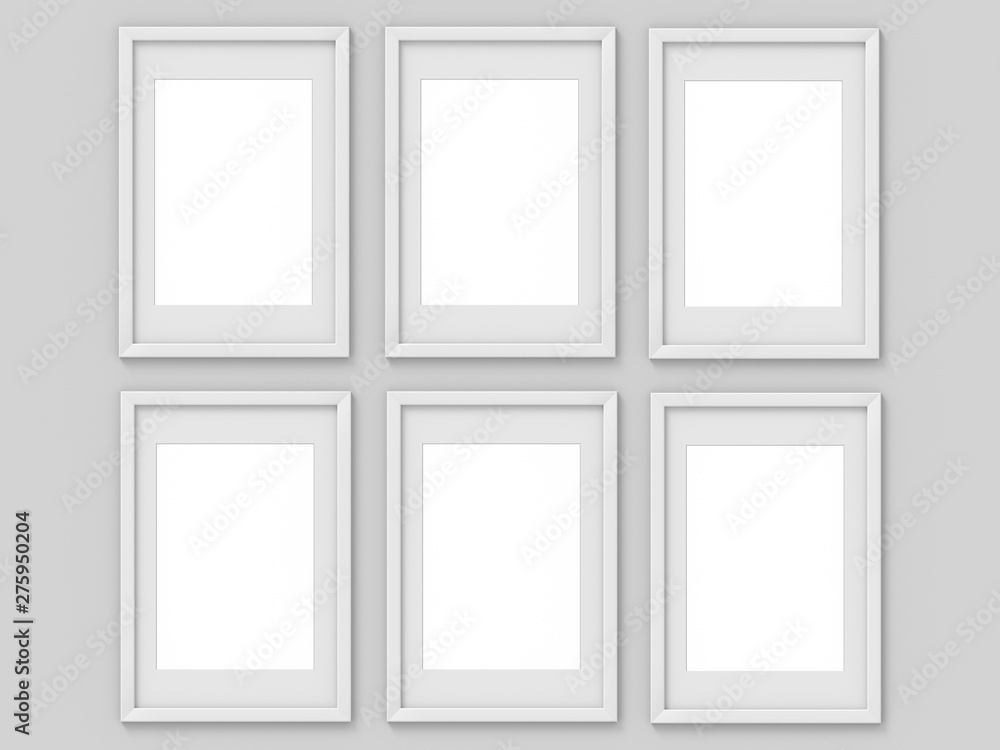 Poster set of 6 vertical a4 white simple picture frame with a border. mockup for photography. 3d rendering