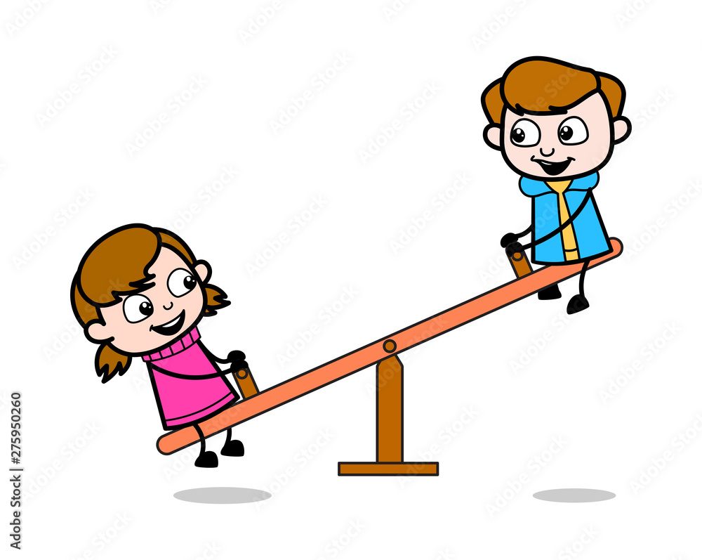 Poster Kids Playing Seesaw - Cute Girl Cartoon Character Vector Illustration - Posters