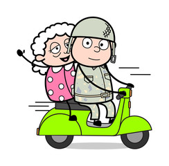 Riding a Scooter with a Old Lady - Cute Army Man Cartoon Soldier Vector Illustration