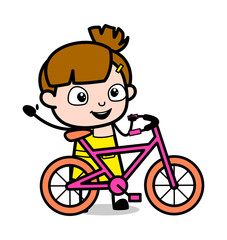 Standing with Bicycle and Gesturing with Hand - Cute Girl Cartoon Character Vector Illustration