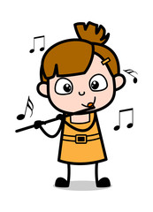 Playing with Flute - Cute Girl Cartoon Character Vector Illustration