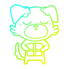 cold gradient line drawing cute cartoon dog with christmas present
