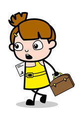 Going in Hurry with File and Briefcase - Cute Girl Cartoon Character Vector Illustration