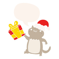 cute cartoon christmas cat and speech bubble in retro style