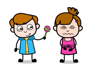 Boy Presenting a Lollipop to a Girl - Cute Girl Cartoon Character Vector Illustration