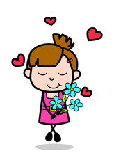 Holding Bunch of Flowers - Cute Girl Cartoon Character Vector Illustration