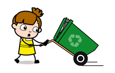 Holding a Dustbin - Cute Girl Cartoon Character Vector Illustration