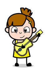 Playing with Guitar - Cute Girl Cartoon Character Vector Illustration