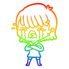 rainbow gradient line drawing cartoon girl crying