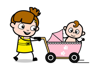 Travelling with Baby in Stroller - Cute Girl Cartoon Character Vector Illustration