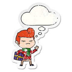 cartoon cool guy with fashion hair cut and thought bubble as a distressed worn sticker