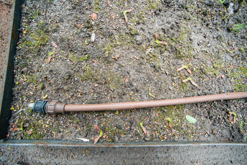 Garden watering hose on the ground