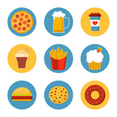Fast food icon set collection, flat design. Pizza, beer, coffee, cold drink, french fries, cupcake, burger, cake, donut vector illustration in circle. Perfect for cafe and restaurant web.