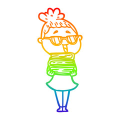 rainbow gradient line drawing cartoon happy woman wearing spectacles