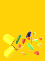 Fresh vegetables fly out of the pill. Conceptual illustration of nutritional supplements with empty space for text. 3D rendering.