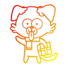 Fototapeta premium warm gradient line drawing cartoon dog with christmas present