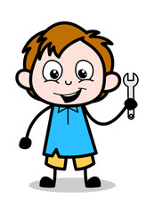 Showing Wrench Tool - School Boy Cartoon Character Vector Illustration