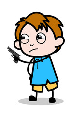 Giving Warning and Showing Gun - School Boy Cartoon Character Vector Illustration