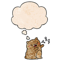 cartoon singing bear and thought bubble in grunge texture pattern style