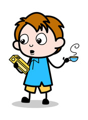 Drinking Hot Tea and Reading Book - School Boy Cartoon Character Vector Illustration