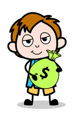 Holding a Bag of Money - School Boy Cartoon Character Vector Illustration