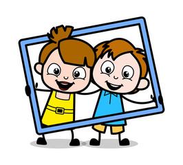 Kids Holding a Frame - School Boy Cartoon Character Vector Illustration
