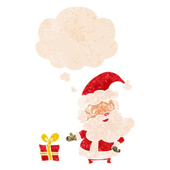cartoon santa claus and thought bubble in retro textured style