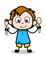 Showing Spoons - School Boy Cartoon Character Vector Illustration