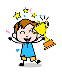 Very Excited After Getting Trophy - School Boy Cartoon Character Vector Illustration