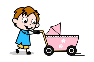 Walking with Baby Stroller - School Boy Cartoon Character Vector Illustration