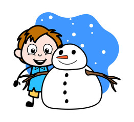Kid Standing with Snowman - School Boy Cartoon Character Vector Illustration