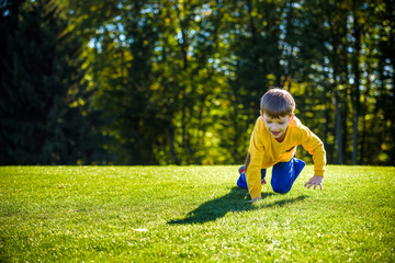 Fototapeta na wymiar Caucasian boy climbs up on fresh green grass meadow, happy kids enjoying peaceful summer weekend outdoors. Friendship relaxation concept