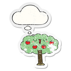 cartoon apple tree and thought bubble as a distressed worn sticker