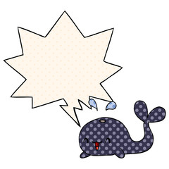 cartoon happy whale and speech bubble in comic book style