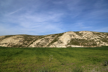Rural landscape with green meadow and hills on the horizon.