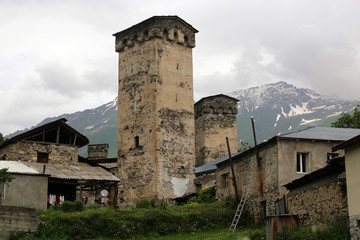 Fototapeta premium View of the Svan towers of the village of Mestia in the Upper Svaneti region, Georgia.
