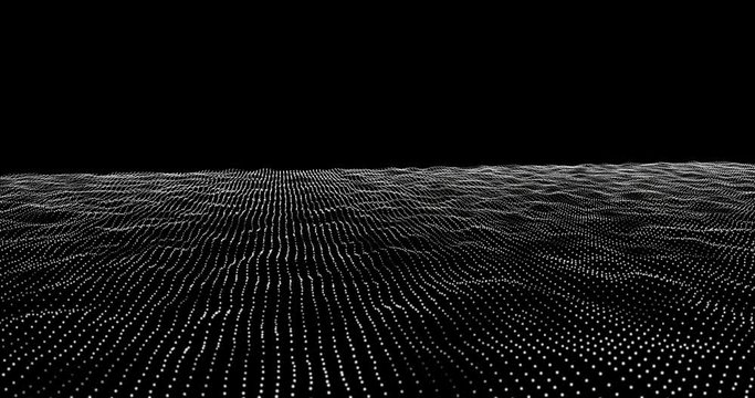Particle system ordered in a digital sea plane of in-line spheres that simulate a data flow in motion. Digital waves in a sea of white dots on a black background. Particular system with ripples glows
