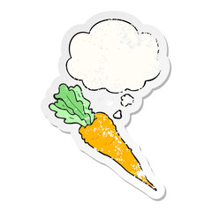 cartoon carrot and thought bubble as a distressed worn sticker