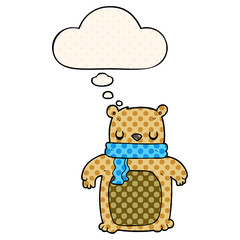 cartoon bear with scarf and thought bubble in comic book style