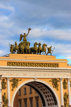 Triumphal arch of the General Staff Building on Palace Square in St. Petersburg, Russia