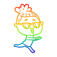 rainbow gradient line drawing cartoon happy woman wearing spectacles