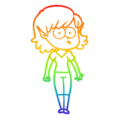 rainbow gradient line drawing cartoon elf girl staring