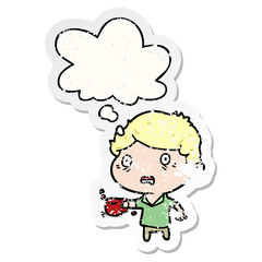 cartoon man with cup of coffee and thought bubble as a distressed worn sticker