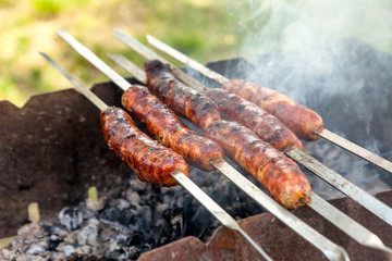 Grilled sausage on the picnic flaming grill