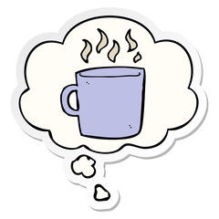 cartoon hot cup of coffee and thought bubble as a printed sticker