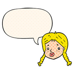 cartoon girls face and speech bubble in comic book style