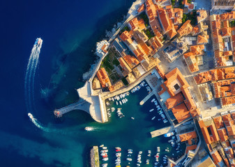 Dudrovnik, Croatia. Aerial view on the old town. Vacation and adventure. Town and sea. Top view from drone at on the old castle and azure sea. Travel - image - obrazy, fototapety, plakaty